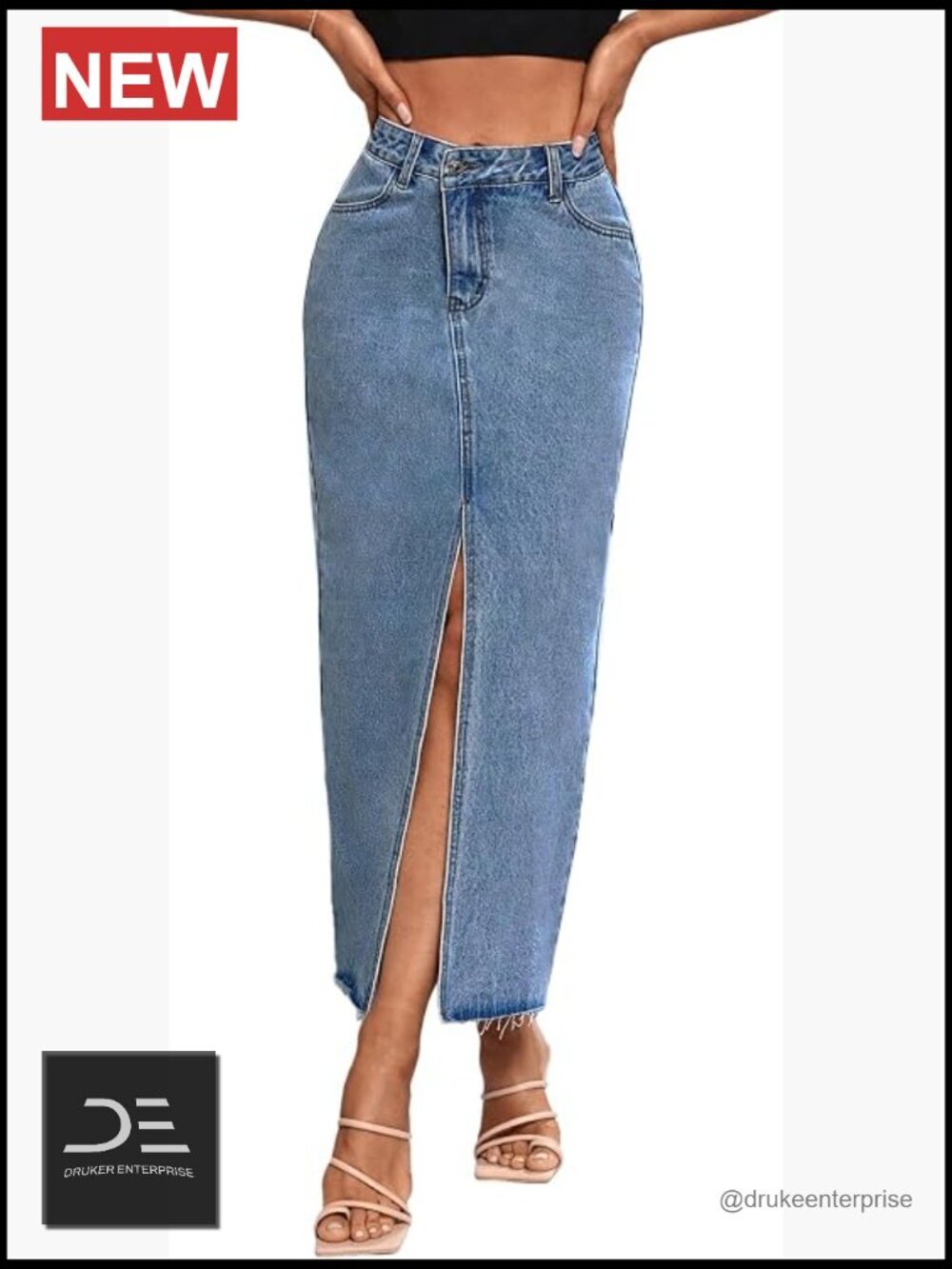 High Waist Maxi Denim Skirt Front Split Frayed Hem A-Line Long